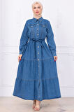 Önü Düğmeli Kuşaklı Kot Elbise HM2764 Açık Mavi