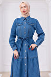 Önü Düğmeli Kuşaklı Kot Elbise HM2764 Açık Mavi