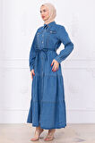 Önü Düğmeli Kuşaklı Kot Elbise HM2764 Açık Mavi