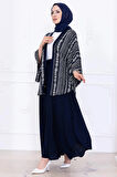 Desenli Etekli Kimono Takım Lacivert HM2766