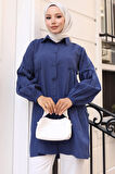 Büzgü Detaylı Balon Kol Gömlek Lacivert HM2763
