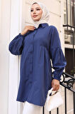 Büzgü Detaylı Balon Kol Gömlek Lacivert HM2763