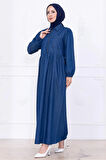 Yarım Fermuarlı Cepli Kot Elbise HM2773 Koyu Mavi