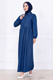 Yarım Fermuarlı Cepli Kot Elbise HM2773 Koyu Mavi