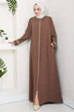 Çiçek Nakışlı Büyük Beden Ferace Kahverengi HM2844
