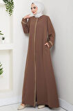 Çiçek Nakışlı Büyük Beden Ferace Kahverengi HM2844