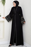 Nakışlı Kuşaklı Abaya Siyah HM2852