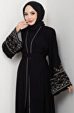 Nakışlı Kuşaklı Abaya Siyah HM2852