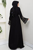 Nakışlı Kuşaklı Abaya Siyah HM2852