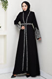 Taş Detaylı İçlikli Abaya Takım Siyah HM2858