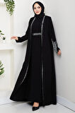 Taş Detaylı İçlikli Abaya Takım Siyah HM2858