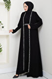 Taş Detaylı İçlikli Abaya Takım Siyah HM2858