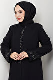 Gizli Patlı Çiçek Taşlı Ferace Siyah HM2859