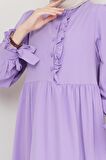 Önü Fırfırlı Kolu Bağlamalı Elbise Lila