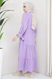 Önü Fırfırlı Kolu Bağlamalı Elbise Lila