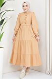 Önü Fırfırlı Kolu Bağlamalı Elbise Camel
