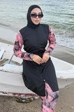 Yaprak Desenli Tesettür Mayo Tam Takım Siyah HM2925