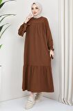 Robalı Kol Ucu Bağlamalı Elbise Kahverengi