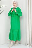 Robalı Kol Ucu Bağlamalı Elbise Yeşil
