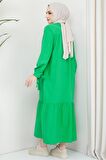 Robalı Kol Ucu Bağlamalı Elbise Yeşil