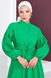 Boydan Düğmeli Balon Kol Elbise Yeşil