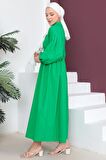 Boydan Düğmeli Balon Kol Elbise Yeşil