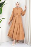 Büzgülü Düğmeli Ayrobin Elbise Camel