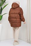 Kapşonlu Oversize Şişme Mont Kahverengi HM2314