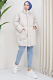 Oversize Torba Cep Şişme Mont Ekru HM2317