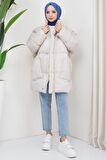 Oversize Torba Cep Şişme Mont Ekru HM2317