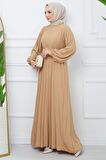 Kemerli Piliseli Aerobin Elbise Camel HM2339