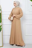Kemerli Piliseli Aerobin Elbise Camel HM2339