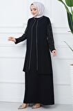 Kolları Taşlı Büyük Beden Anne Elbisesi Siyah HM2349