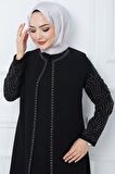 Kolları Taşlı Büyük Beden Anne Elbisesi Siyah HM2349