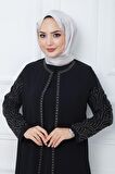 Kolları Taşlı Büyük Beden Anne Elbisesi Siyah HM2349
