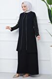 Kolları Taşlı Büyük Beden Anne Elbisesi Siyah HM2349