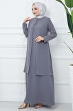 Kolları Taşlı Büyük Beden Anne Elbisesi Gri HM2349