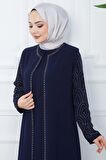 Kolları Taşlı Büyük Beden Anne Elbisesi Lacivert HM2349