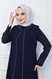 Kolları Taşlı Büyük Beden Anne Elbisesi Lacivert HM2349