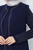 Kolları Taşlı Büyük Beden Anne Elbisesi Lacivert HM2349