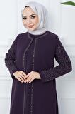 Kolları Taşlı Büyük Beden Anne Elbisesi Mor HM2349
