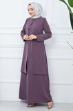 Kolları Taşlı Büyük Beden Anne Elbisesi Mürdüm HM2349