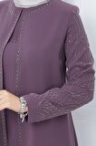 Kolları Taşlı Büyük Beden Anne Elbisesi Mürdüm HM2349