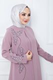 Büyük Beden Yaprak Taşlı Anne Elbisesi Pembe HM2350