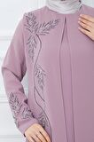 Büyük Beden Yaprak Taşlı Anne Elbisesi Pembe HM2350