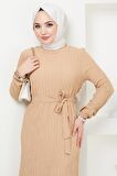 Lara Kuşaklı Elbise Bej HM2371