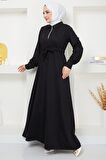 Fermuarlı Bağlamalı İki İplik Elbise Siyah HM2379