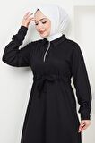 Fermuarlı Bağlamalı İki İplik Elbise Siyah HM2379