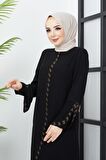 Büyük Beden Taş Detaylı Siyah Ferace