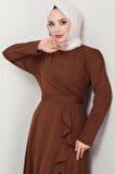 Eteği Fırfırlı Drapeli Elbise Kahverengi HM2419